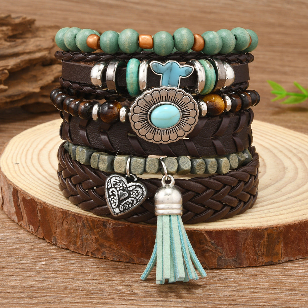 Wholesale Retro Style Bullhead Cactus Multi-Layer Leather Braided DIY 6-Piece  Bracelet