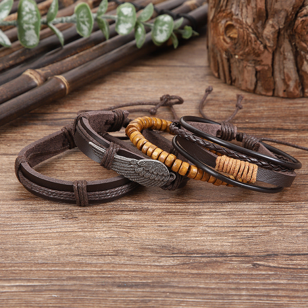 Wholesale Handmade Layered Leather Wood Bead Bracelet Retro Angel Wings Unisex Boutique Resale