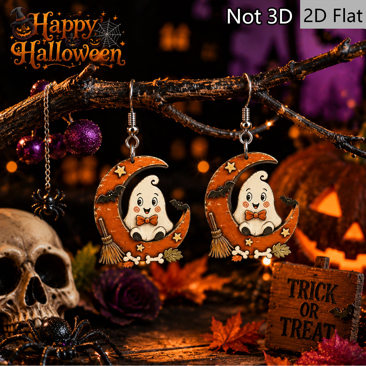 Wholesale Wooden  Earrings Cute Moon Ghost Bat Bone Design Party Fashion Accessory
