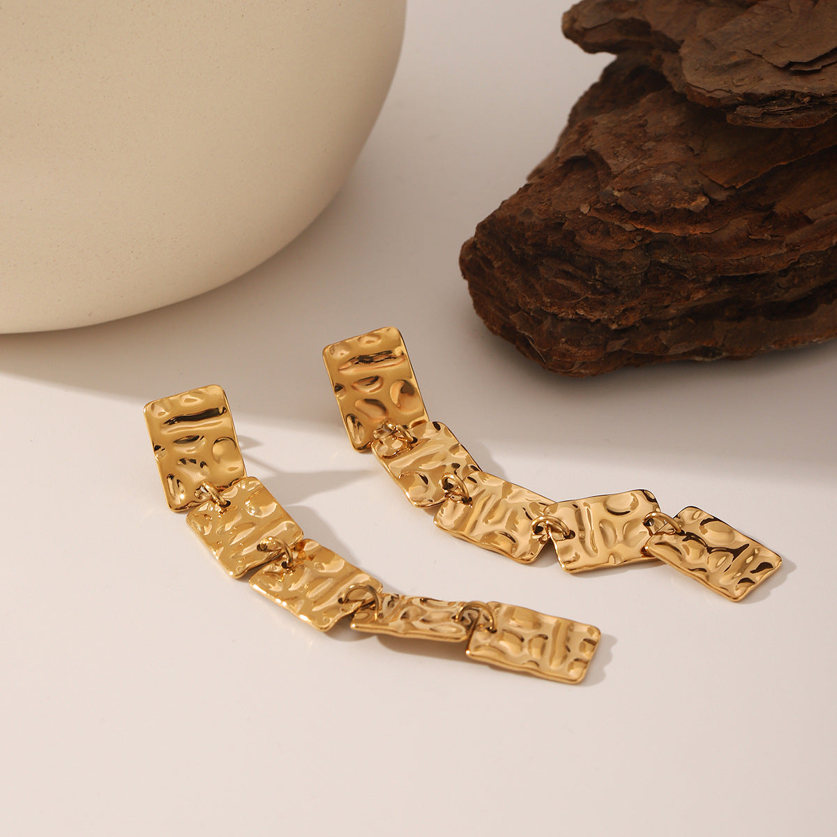 Wholesale  Stainless Steel 18K Gold Square Lava Pattern Long Tassel Earrings