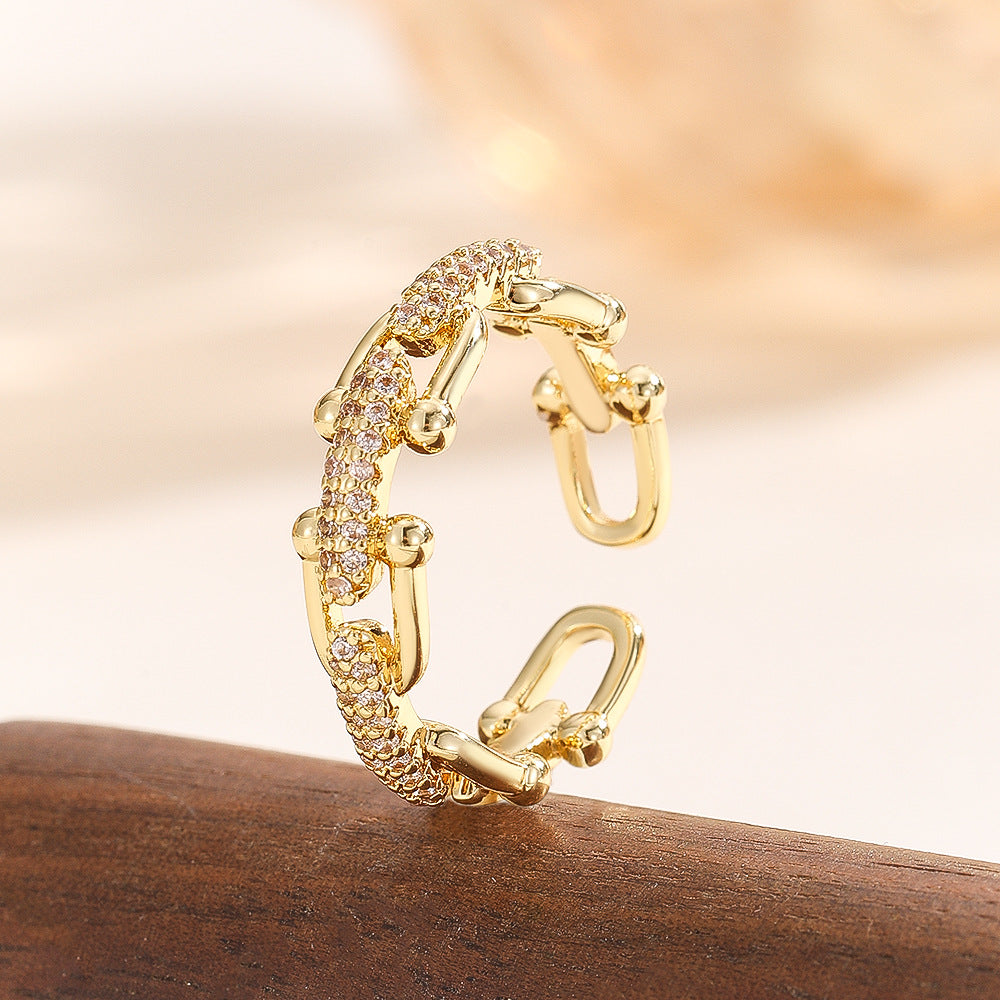 Wholesale Gold Copper Zircon Geometric Chain Ring Fashion Jewelry Gift