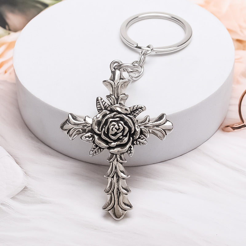 Wholesale Silver Electroplated Alloy Flower Cross Keychain Chic Bag Charm For Men Women