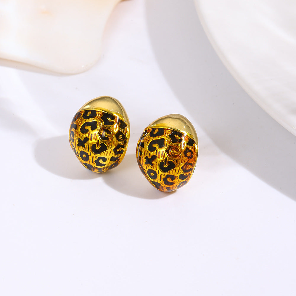 Wholesale  Retro Oil Dripping Geometric C-Shaped Leopard Print Earrings
