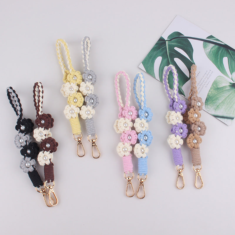 Wholesale Handwoven Pearl Flower Keychain Cute Candy Color Phone Lanyard With Cotton Rope Chic Bag Charm Everyday Use