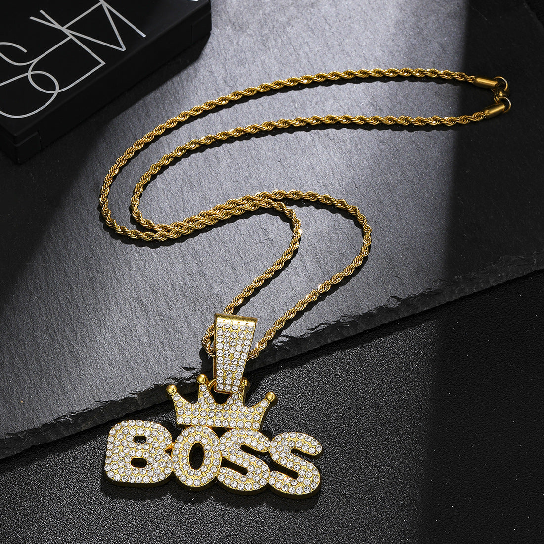 Wholesale Hip-hop Style Full Diamond Crown Letter Pendant Necklace Men's Cuban Chain ACC-NE-MeiWeite008