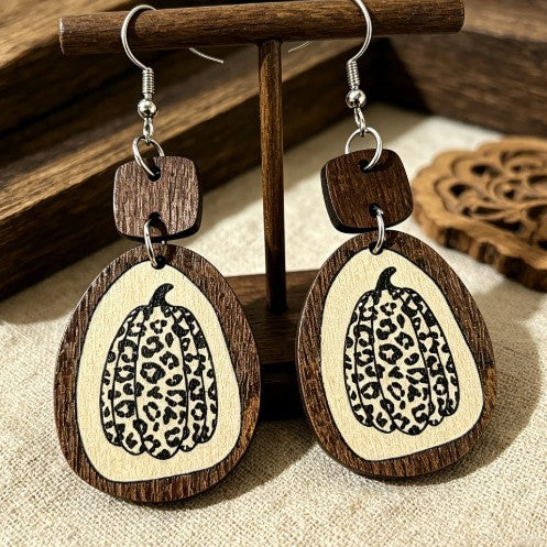 Wholesale  Pumpkin Printed Wooden Drop Earrings Women French Retro Unique Jewelry Accessory Gift And Boutique Resale