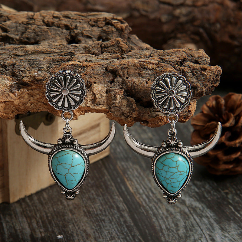 Wholesale  bohemian style Western Bull Head ear studs water drop turquoise earrings