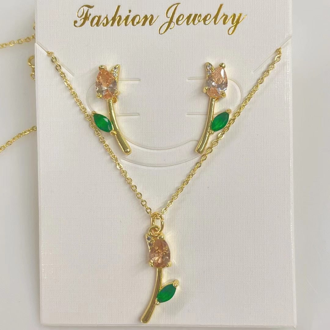 Wholesale Copper-plated 18k colored zircon floral tulip necklace and earring set