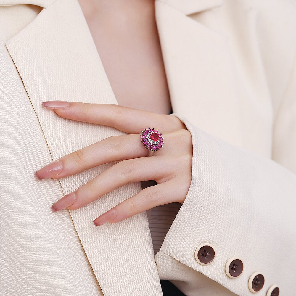 Wholesale  Full Diamond Sunflower Red Corundum Inlaid Opening Ring