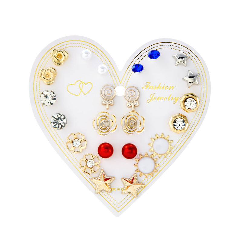 Wholesale month combination earrings 12 pairs of flowers love stars and moon diamond  earrings suit