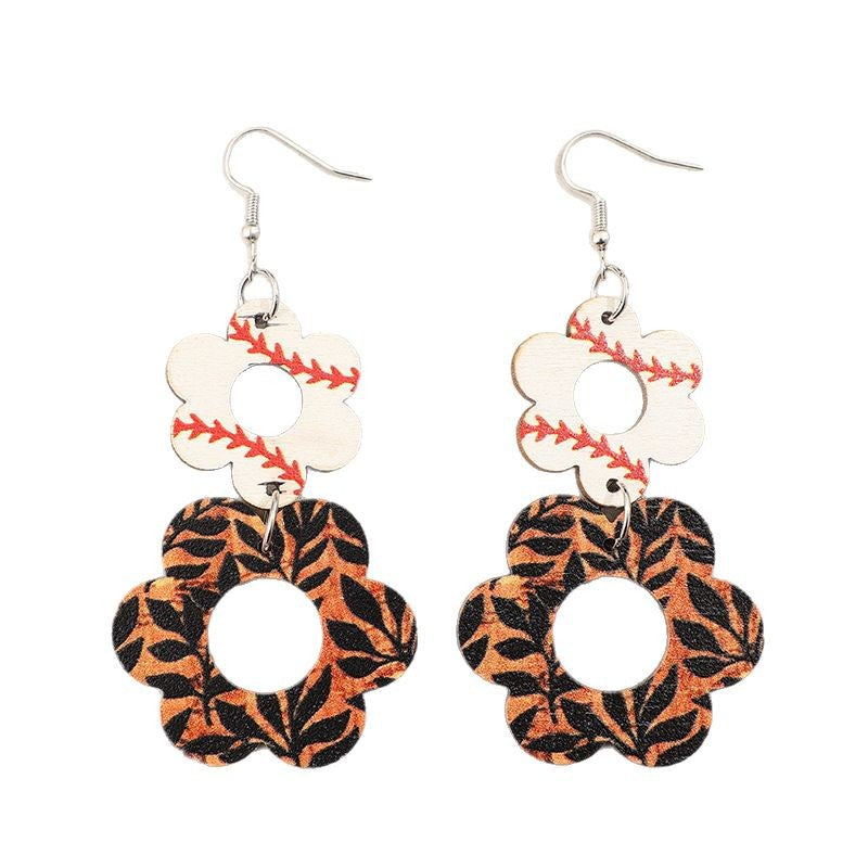 Wholesale Sports style hollow flower print leaf cow pattern retro earrings