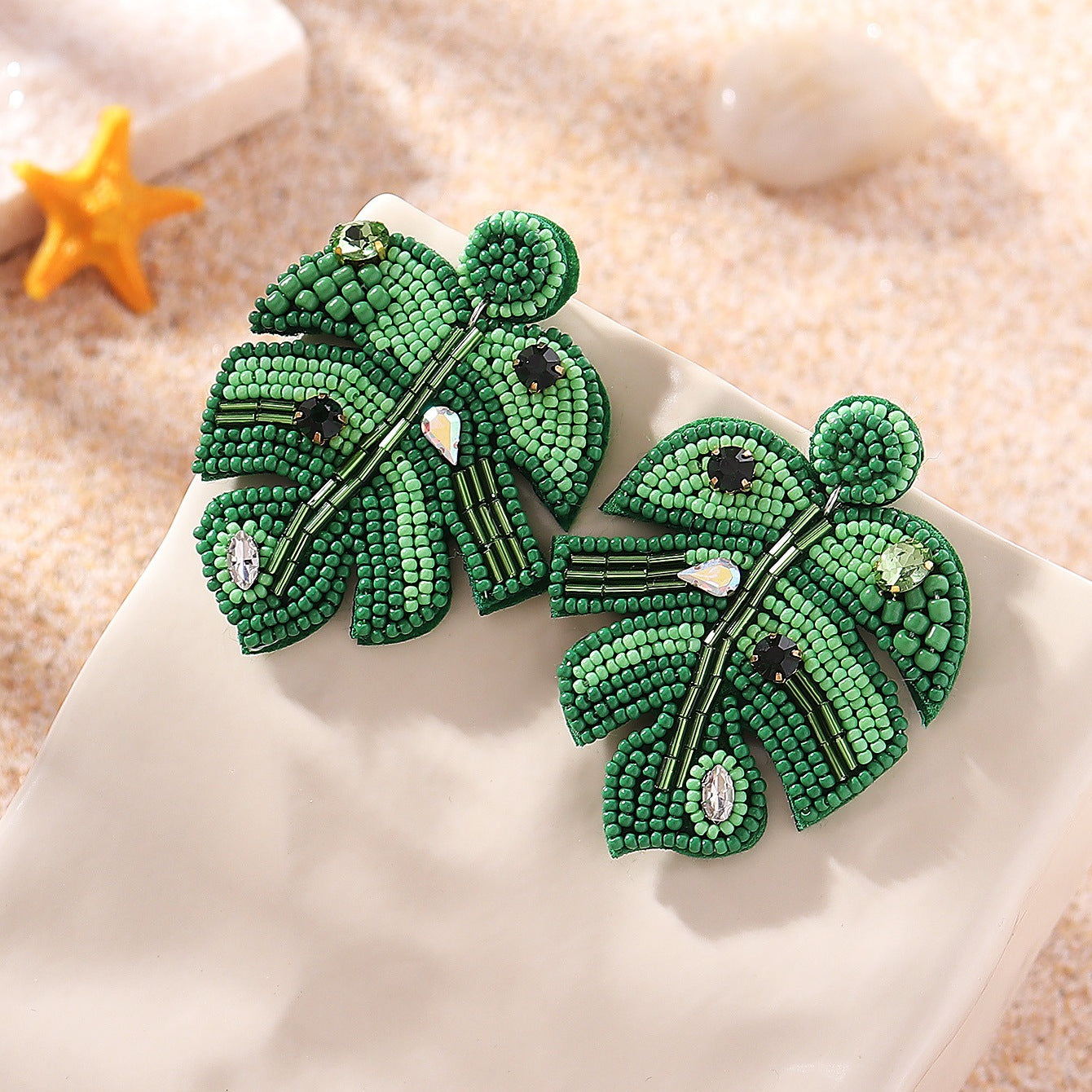 Wholesale Bohemian Leaf Fabric Rice Bead Earrings