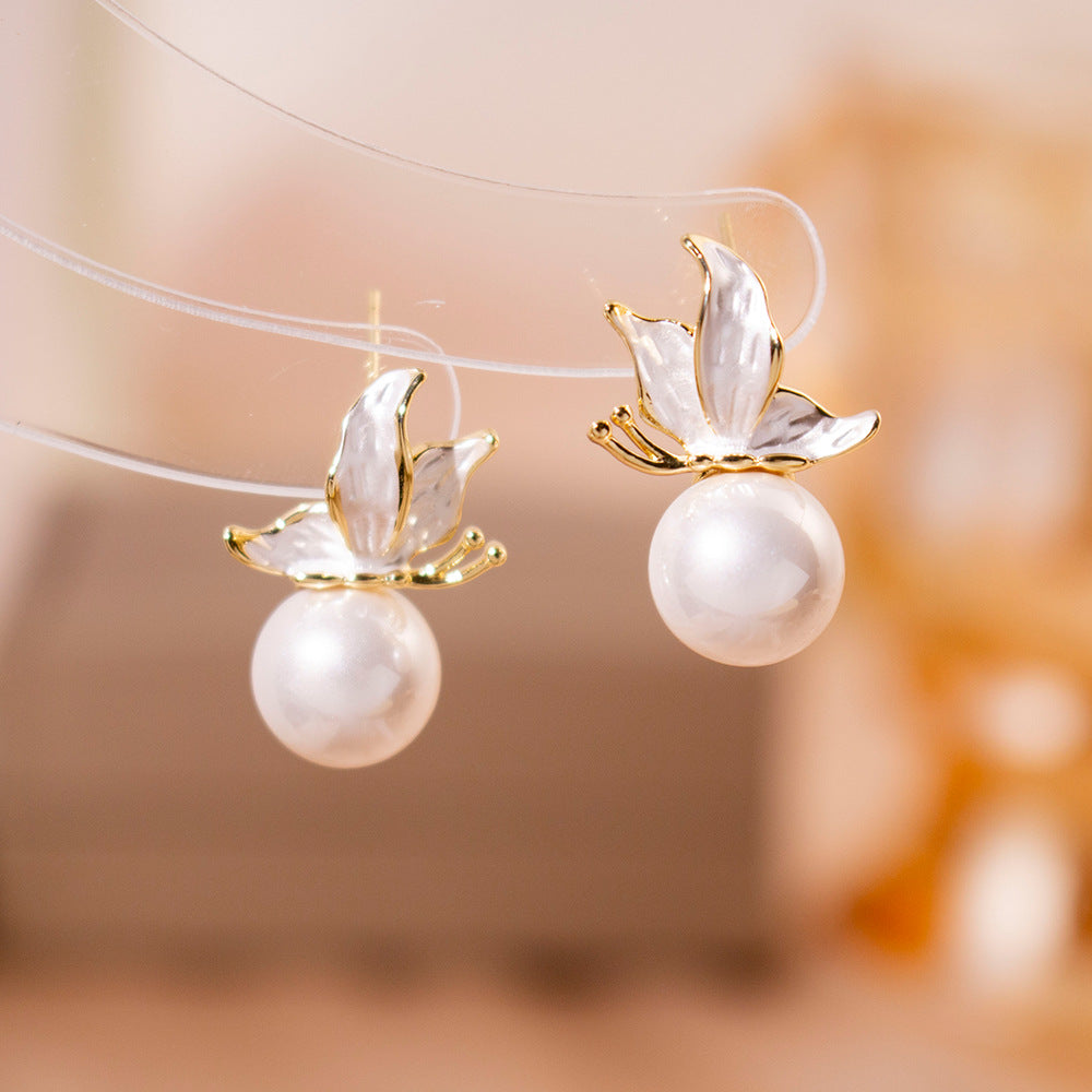Wholesale Silver Needle High-grade Zircon Butterfly Pearl Earrings
