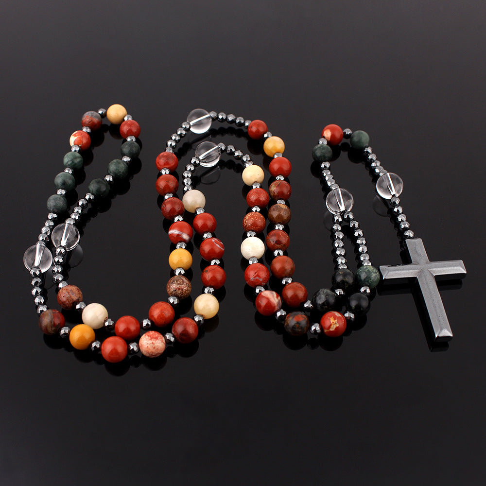 Wholesale  Natural Stone Round Beads Long Chain Black Gallstone Cross  Necklace