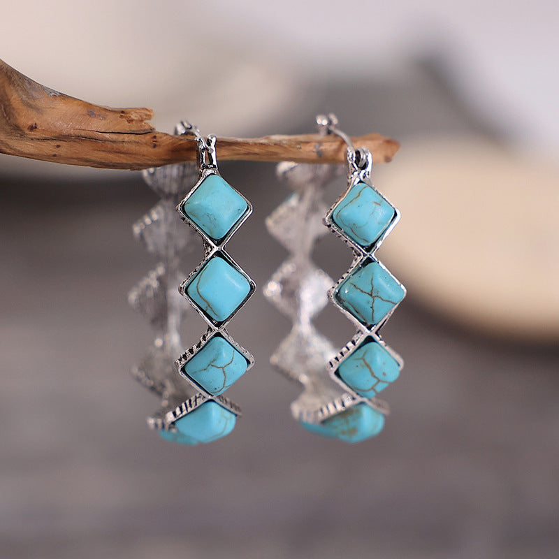 Wholesale  exaggerated rhombus turquoise U-shaped earrings turquoise earrings