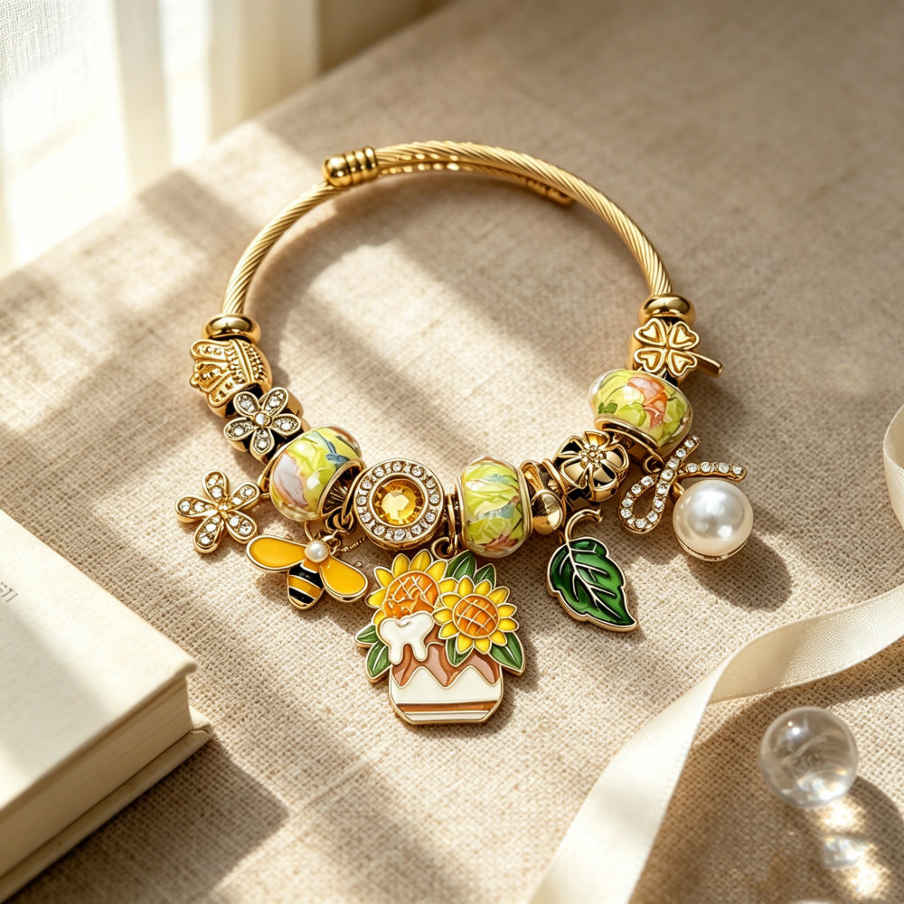 Wholesale Trendy DIY Glass Bead Bracelet With Sunflower Bee Pearl Pendant Adjustable Stainless Steel Women S Fashion Accessory