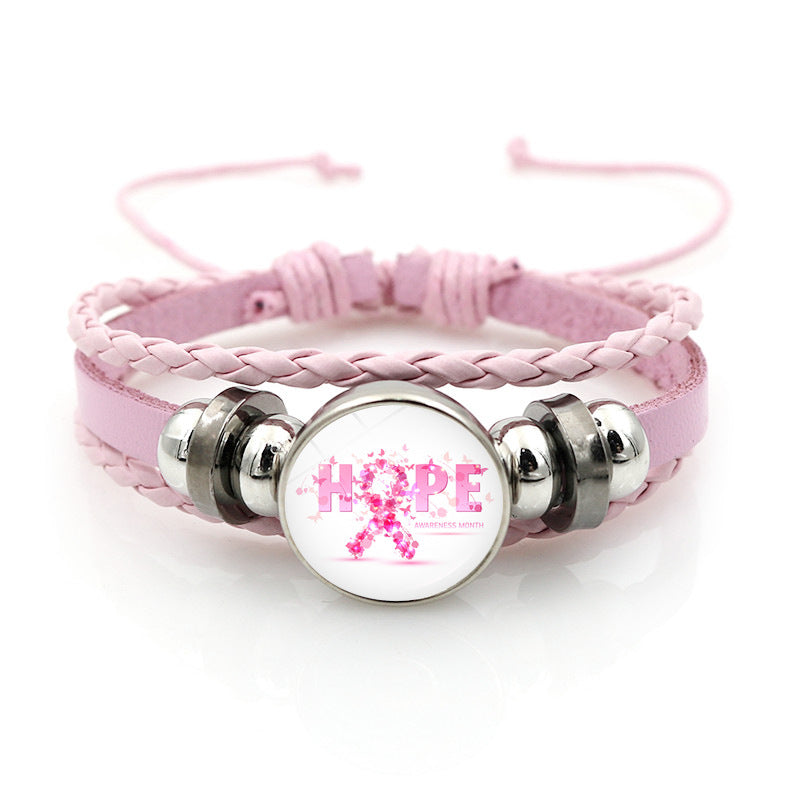 Wholesale Pink Ribbon Breast Consciousness Pink Leather Bracelet