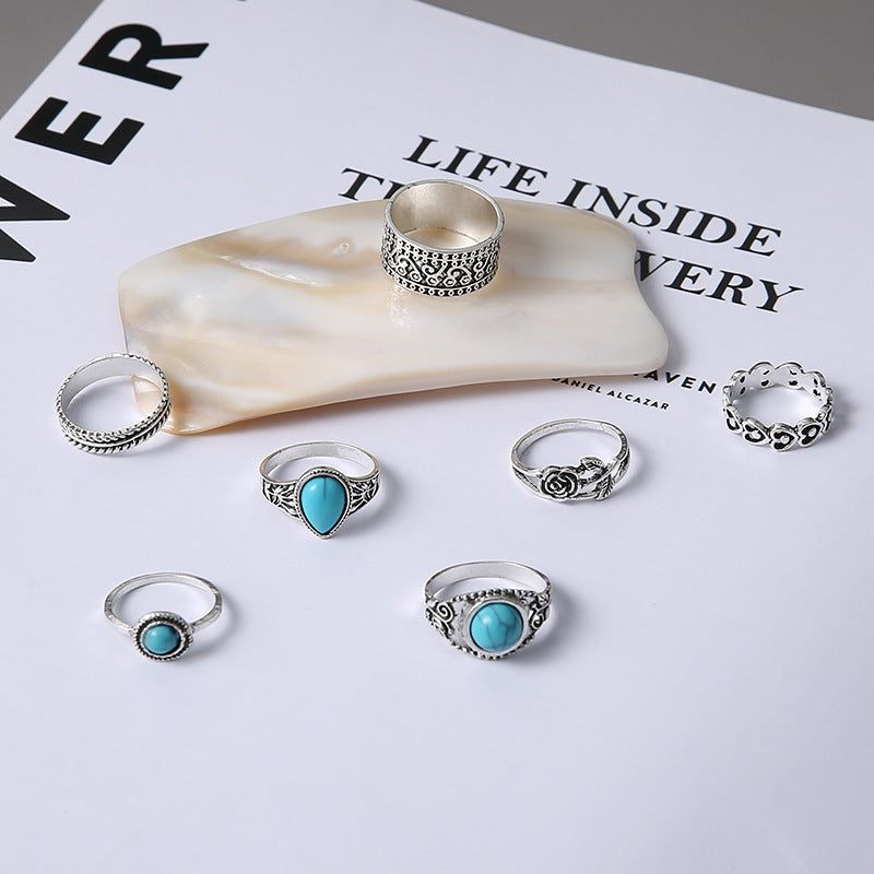 Wholesale Bohemian Turquoise Rose Totem Ring Set 7-Piece Vintage Alloy Jewelry Accessory Gift
