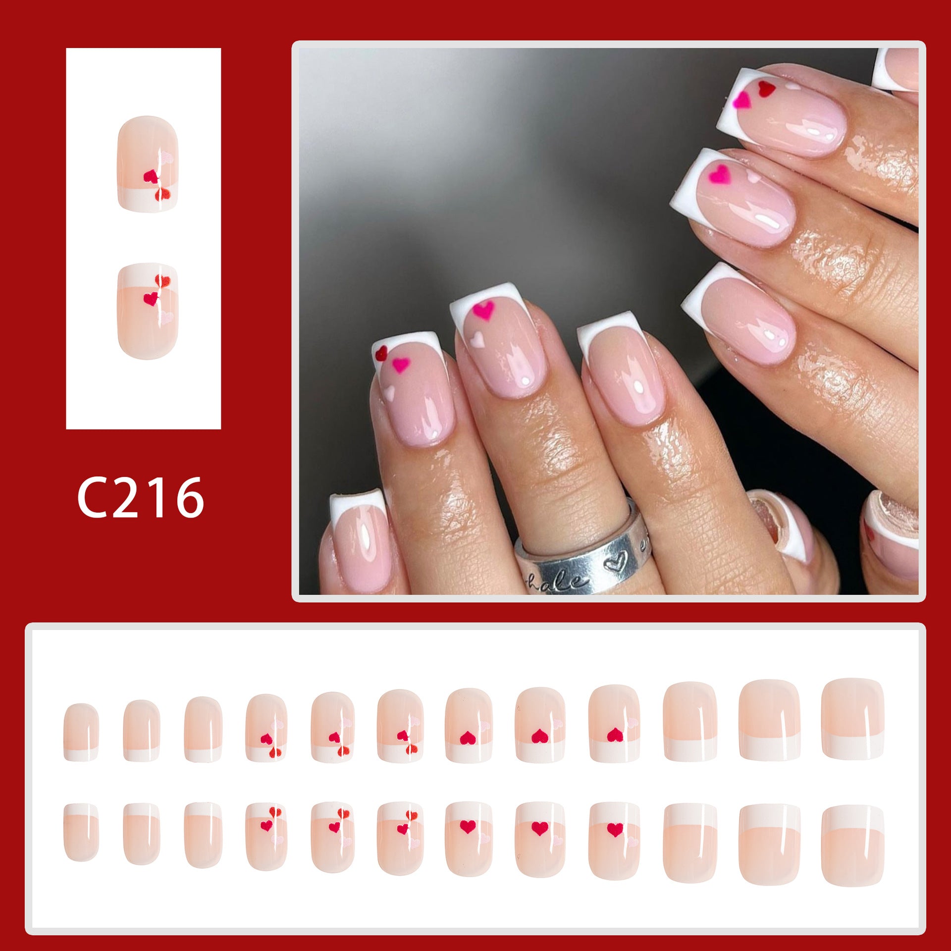 Wholesale 24 Pieces/box Valentine's Day Short Glitter Pink Heart Manicure Press-on Nails Kits Nail Stickers ACC-NS-GuaiXL065