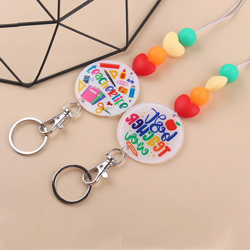 Wholesale Teacher Rainbow Necklace Pendant Cartoon Silicone Beaded Keychain Lanyard Keychain Teacher's Day Bulk Keychains ACC-KC-GuangTian043