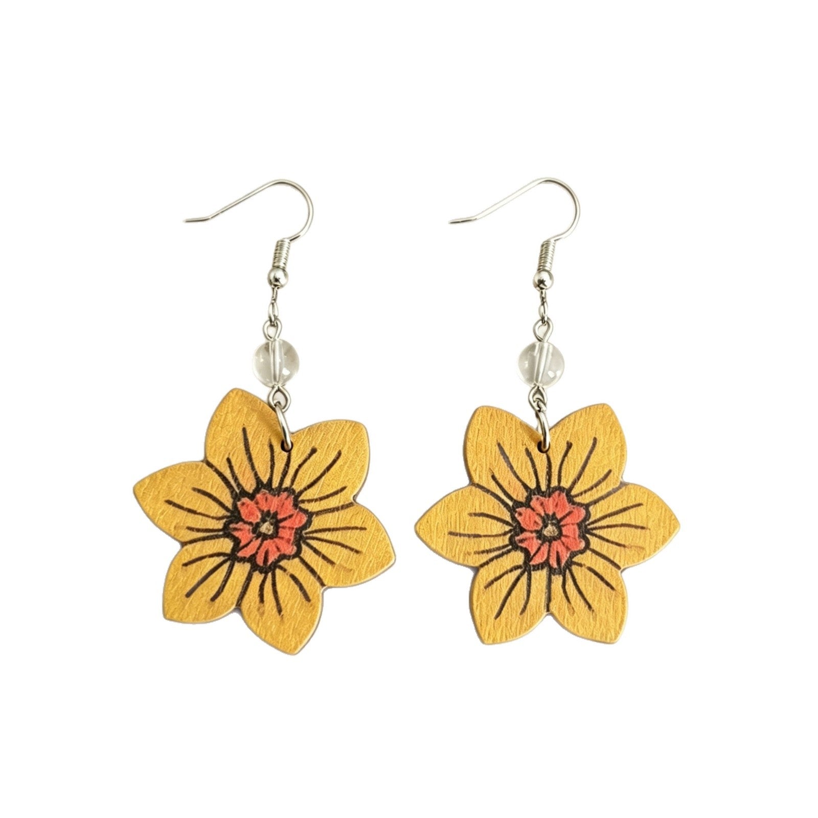 Wholesale Retro Yellow Floral Wooden Earrings with Transparent Beads - Jewelry Accessory for Boutique Resale