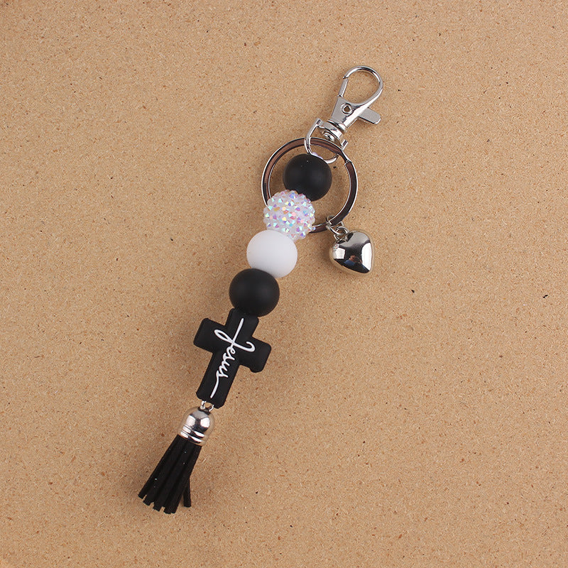 Wholesale Creative Cross Tassel Keychain Charm Silicone Beaded Bag Accessory