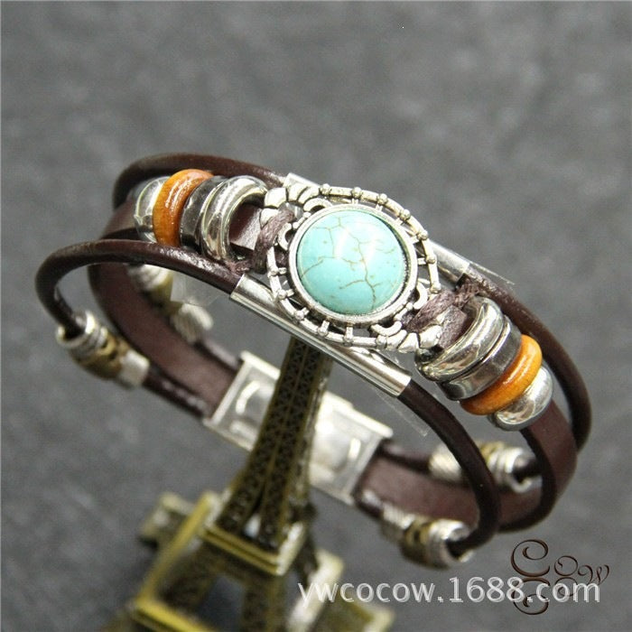 Wholesale Handwoven Leather Turquoise Bracelet Men Unisex Trendy Jewelry Accessory