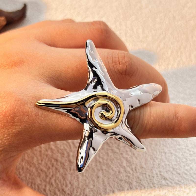 Wholesale  swirl five-pointed star ring women' s light luxury high-end design fashion contrast color personality stainless steel jewelry