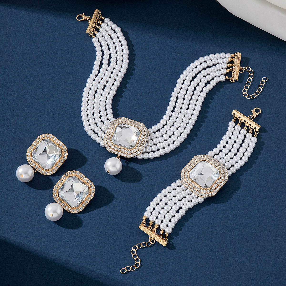 Wholesale Multi-layer  Pearl Geometric Earrings Bracelet Necklace