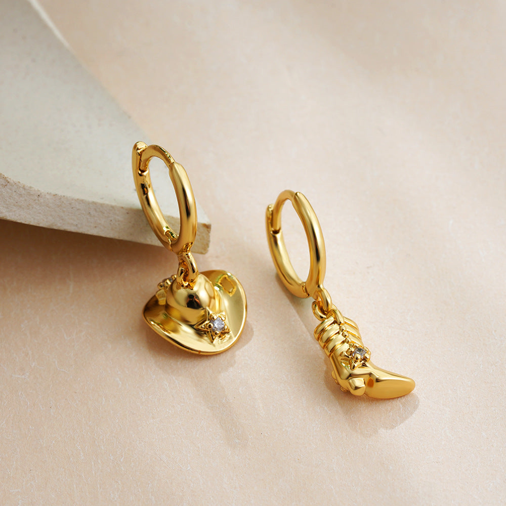 Wholesale  18K Gold Denim Boots Hat Zircon Earrings