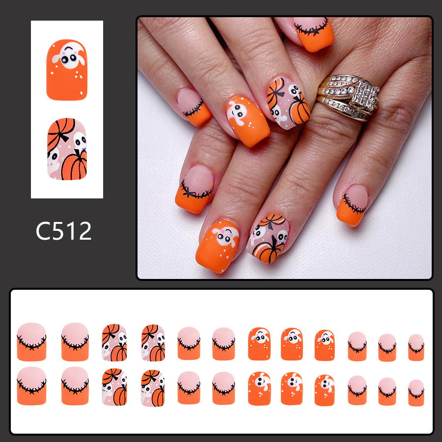 Wholesale 24 Pieces/box Cute Pumpkin Ghost Halloween Frosted Press-on Nails Kits Nail Stickers ACC-NS-GuaiXL071