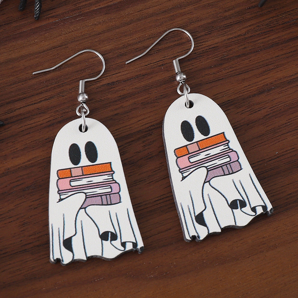 Wholesale Halloween Book Ghost Earrings Wood Earrings Goth Theme Double-sided Earrings ACC-ES-ChuLian036
