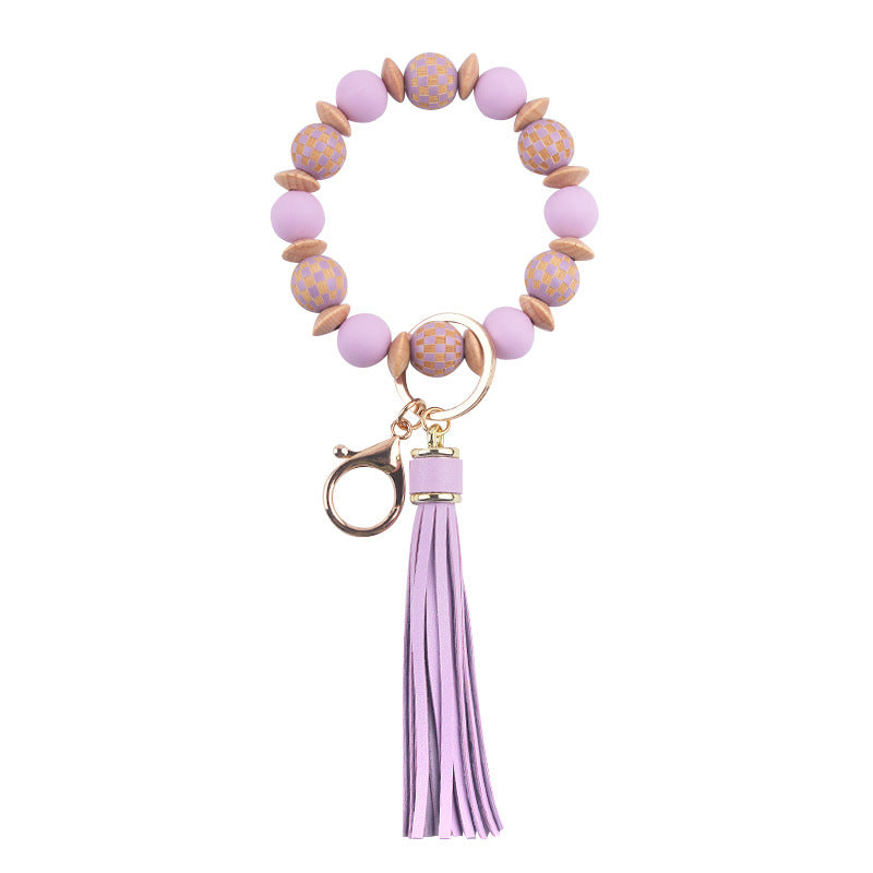 Wholesale Patterned Wood Beads Beaded Silicone Wrist Keychain with Tassel Bulk Keychains ACC-KC-GuangTian039