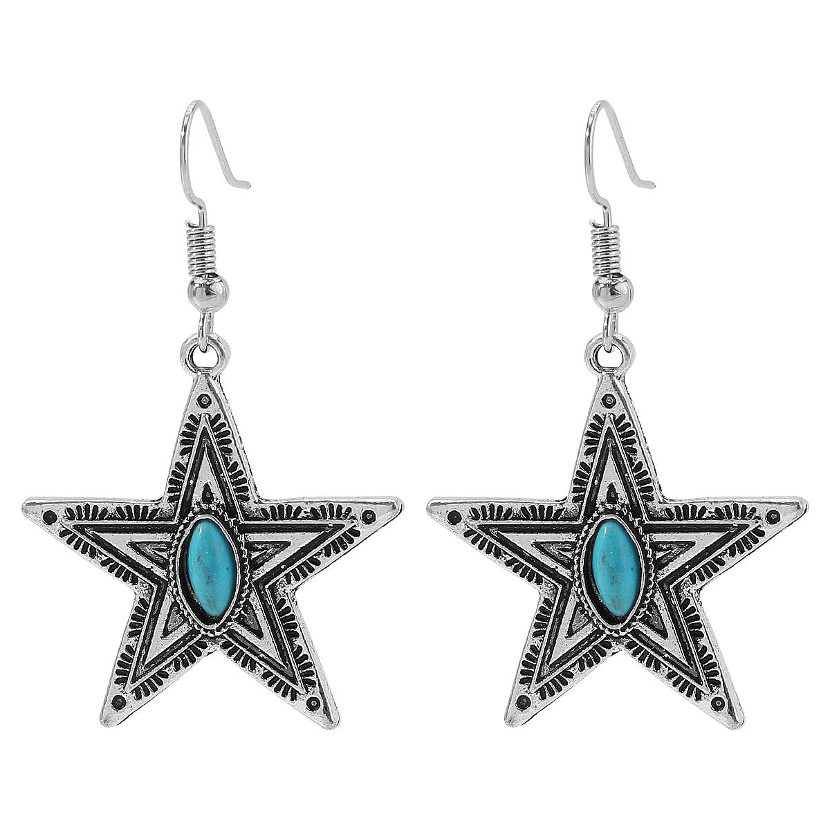 Wholesale  New Creative Ethnic Geometric Earrings Retro Artistic Lace Five-pointed Star Turquoise Earrings