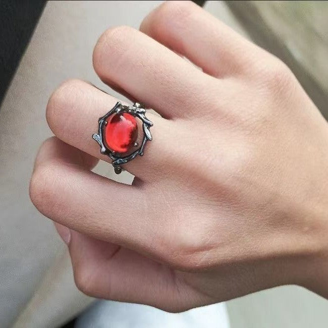 Wholesale Retro Red Geometric Gemstone Design Ring for Men and Women Niche Personality Punk Dark Hollow Texture Metal Ring