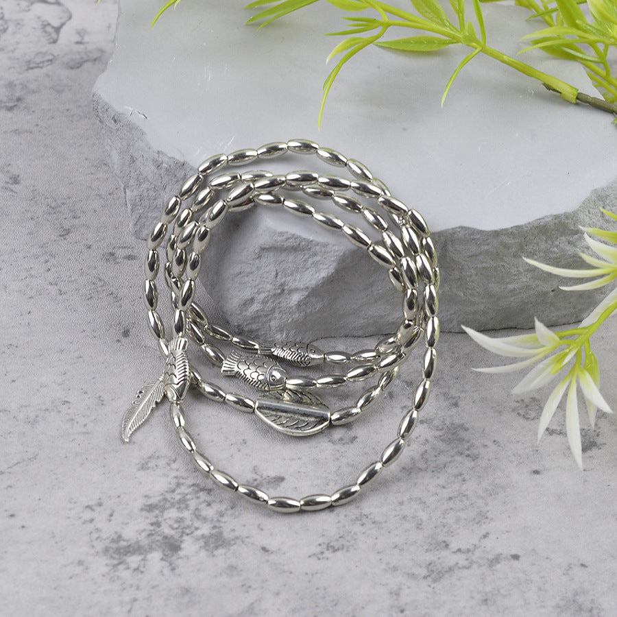 Wholesale Vintage Multi Layer Bracelet Anklet Set Antique Silver Leaf Fish Pendant Unisex Zinc Alloy Fashion Accessory