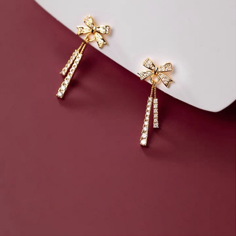 Wholesale  S925 Sterling Silver Short Bow Micro-inlay Tassel Earrings