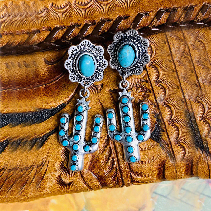 Wholesale Alloy Electroplated Retro Geometric Turquoise Earrings - Cactus Design Fashion Accessory