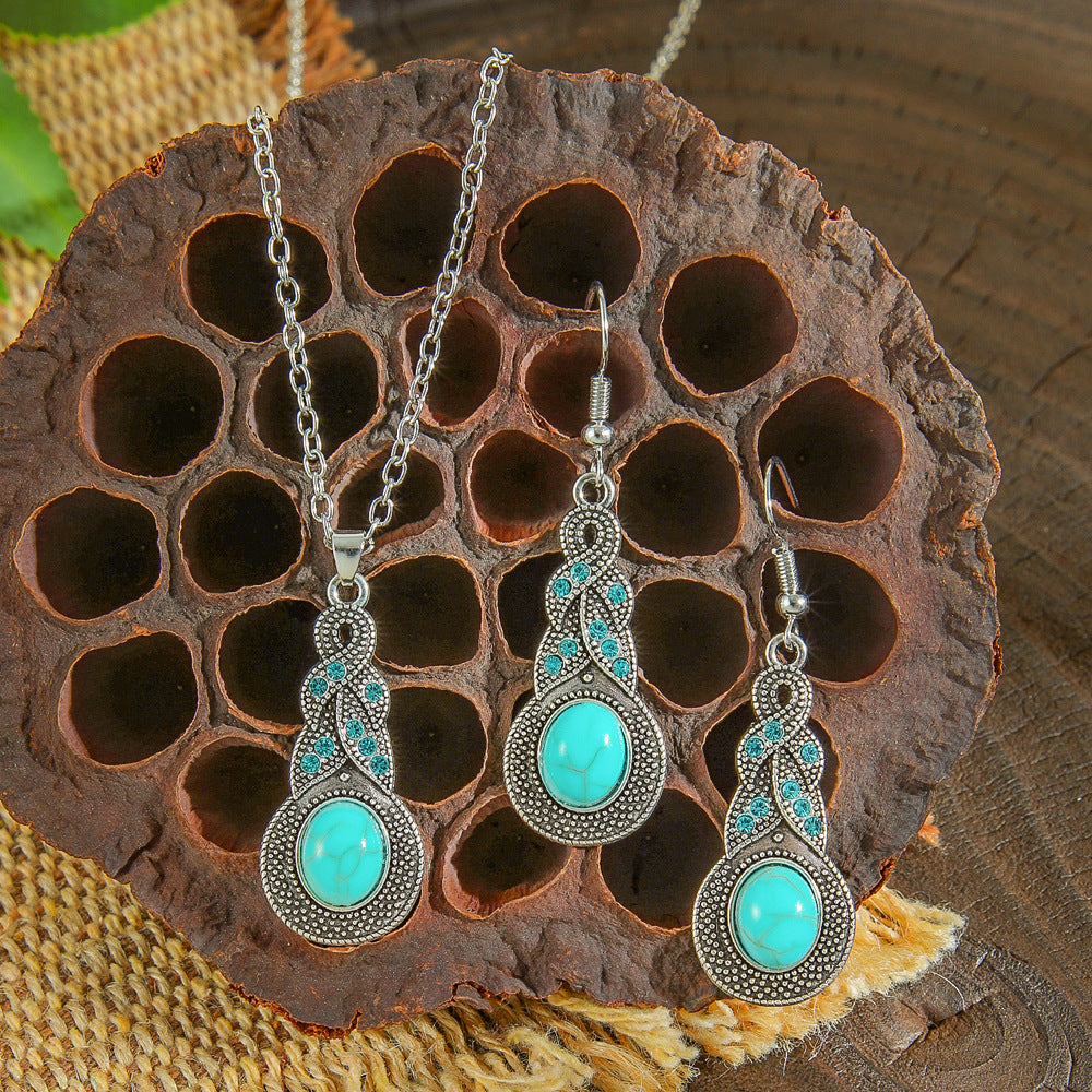 Wholesale Cross-border Amazon popular ethnic style earrings European and American turquoise retro National style earrings necklace suit jewelry