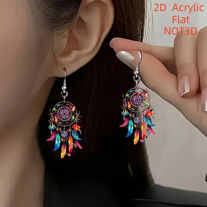 Wholesale  Bohemian Dream Catcher Pattern Flat Acrylic Earrings