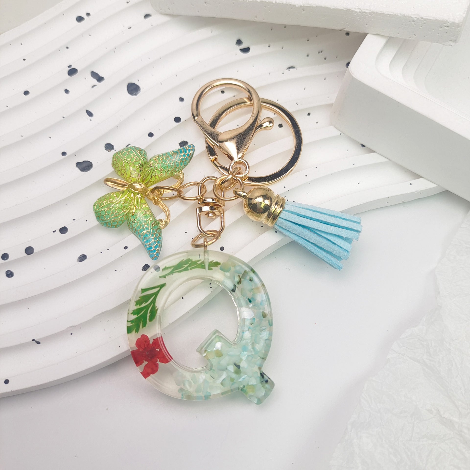 Wholesale Green English Letter Dried Flower Keychains Butterfly Tassel Keychain ACC-KC-Jiay002