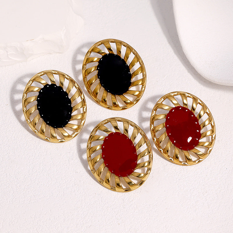 Wholesale Vintage French Oval Geometric Stud Earrings Black Stainless Steel Electroplated Trendy Jewelry Accessory For Gift