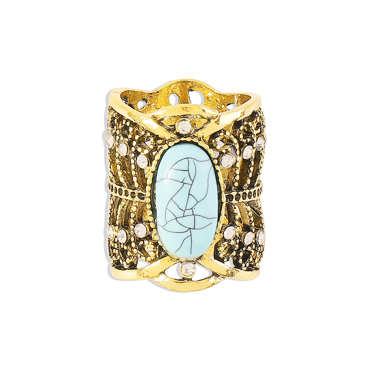 Wholesale  ethnic turquoise diamond ring retro elegant simple hollow wide alloy ring