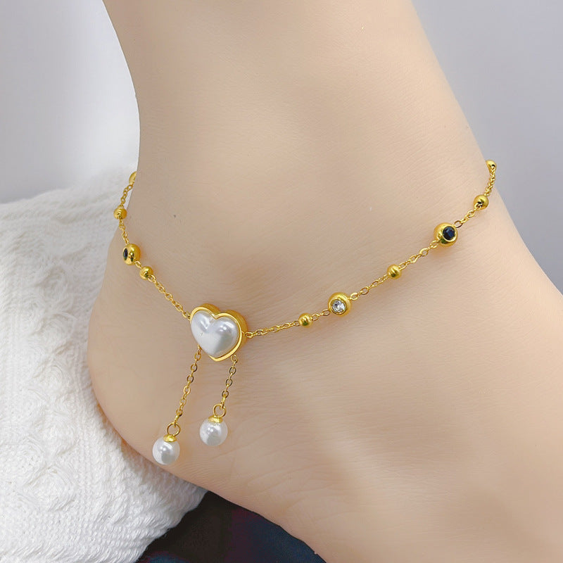 Wholesale Titanium Steel Shell Star Moon Tassel Anklet Double-sided Black and White Zircon Diamond Five-pointed  Anklet