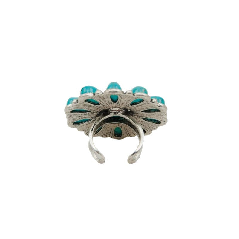 Wholesale Retro Bohemian Turquoise Flower Ring Antique Silver Adjustable Open Band Fashion Jewelry Accessory For Boutique Resale