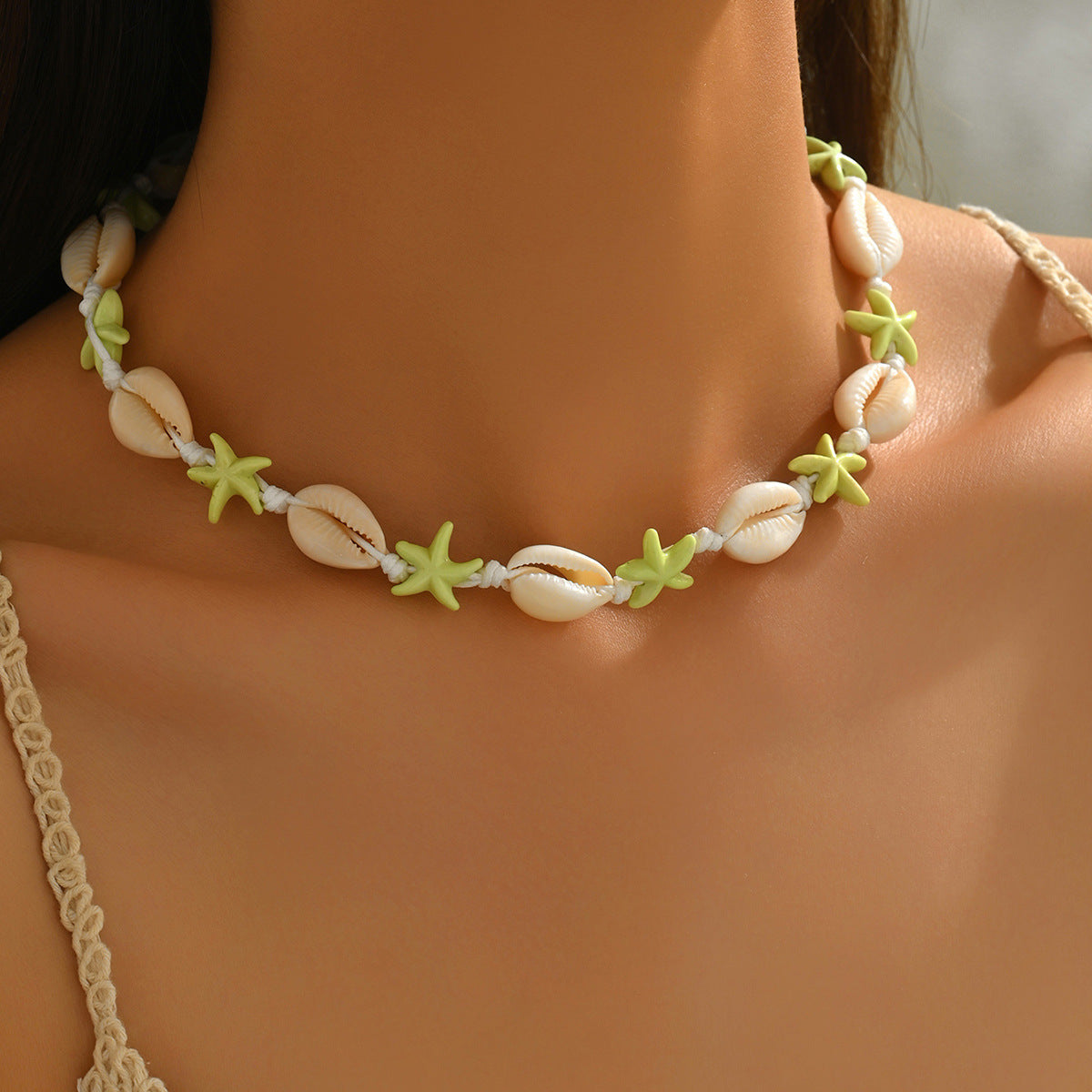 Wholesale Vintage Beach Style Shell Woven Necklace Starfish Imitation Turquoise Pendant Gift