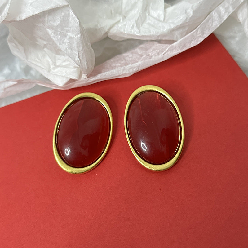 Wholesale  light luxury retro wine red resin oval earrings