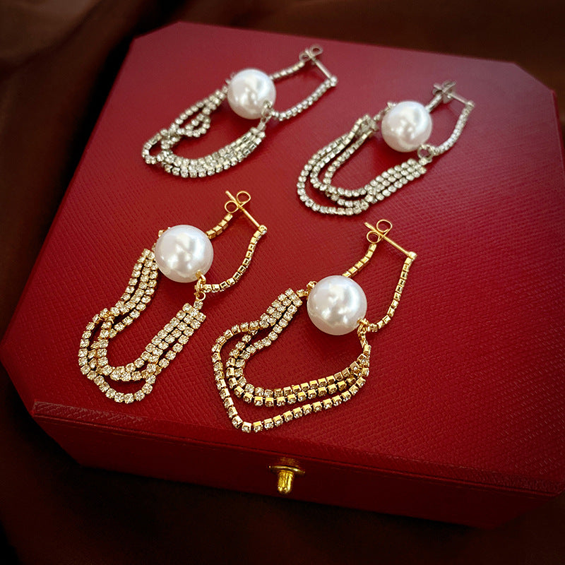 Wholesale Light luxury style diamond-embedded chain Pearl 925 silver needle earrings