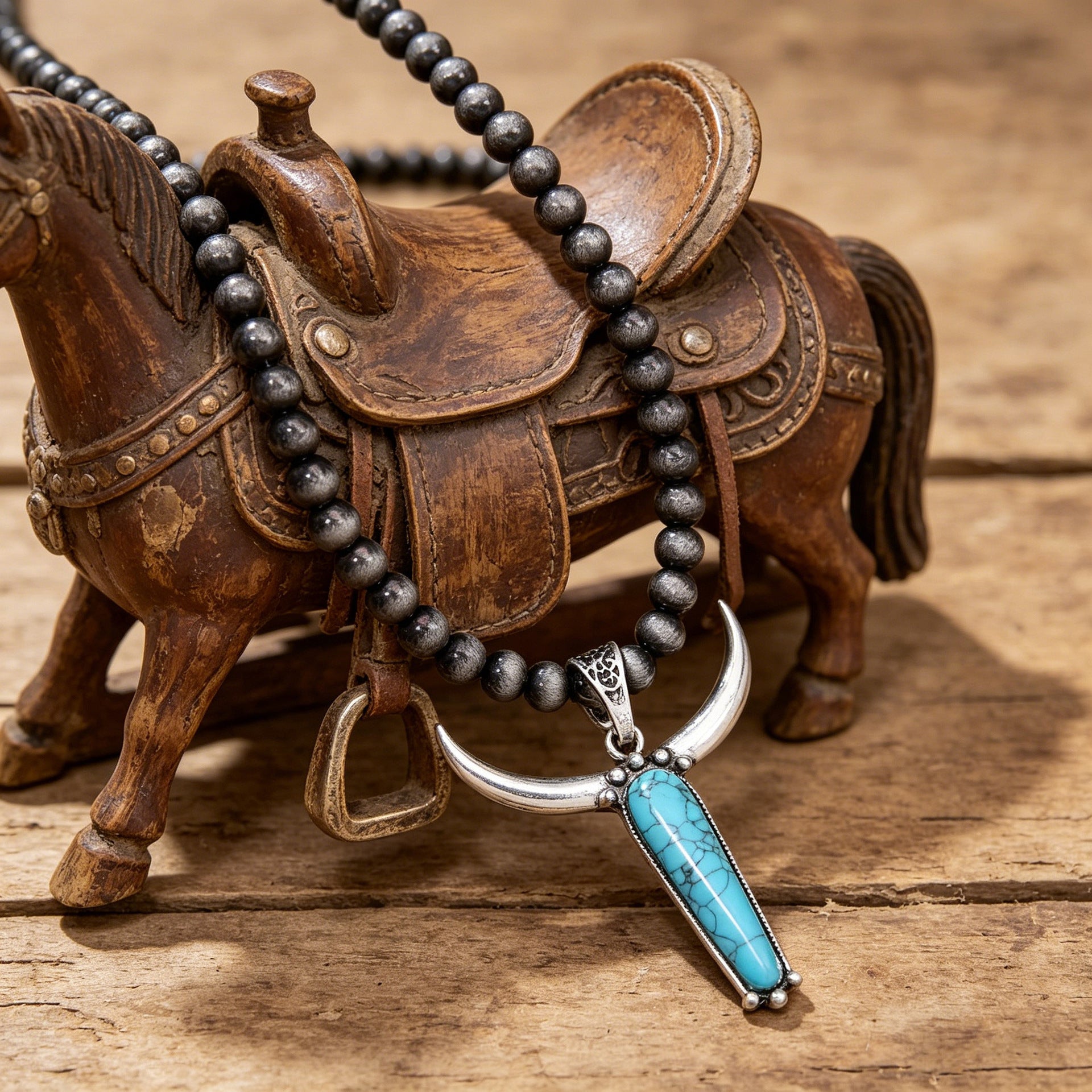 Wholesale Western Style Vintage Beaded Turquoise Bull Head Bohemian Necklace