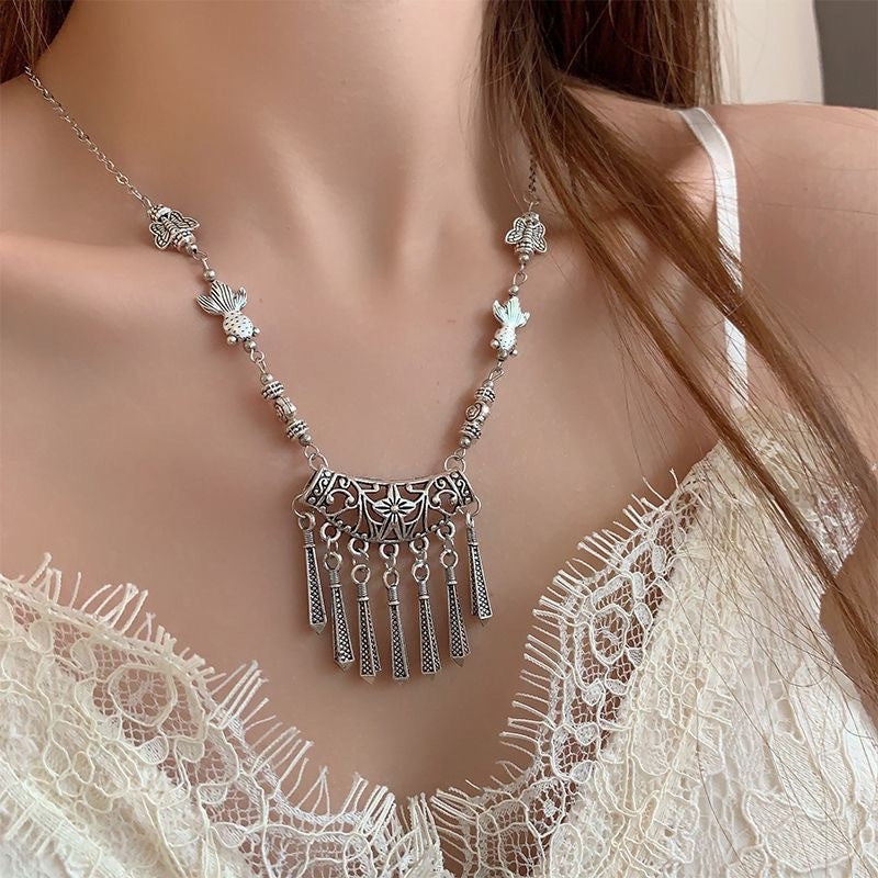 Wholesale Ethnic Style Antique Silver Engraved Long Tassel Chain Necklaces ACC-NE-Miaosi012